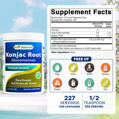 Best Naturals Konjac Glucomannan label close-up, highlights 2000 mg per serving and quality ingredients.