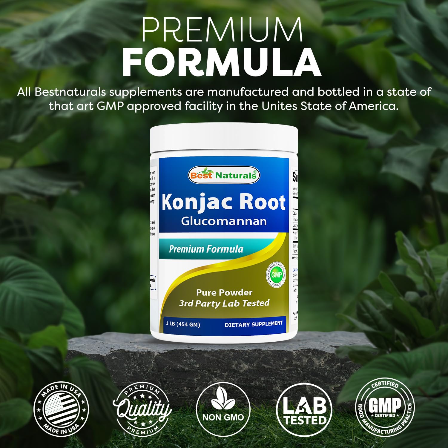 Best Naturals Konjac Glucomannan powder dispense image, captures powder texture and neutral aroma.