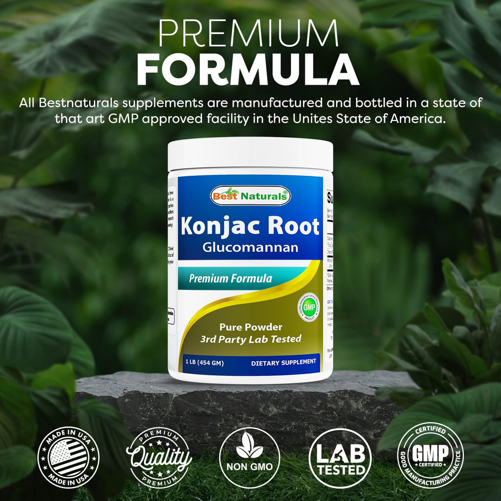Best Naturals Konjac Glucomannan powder dispense image, captures powder texture and neutral aroma.
