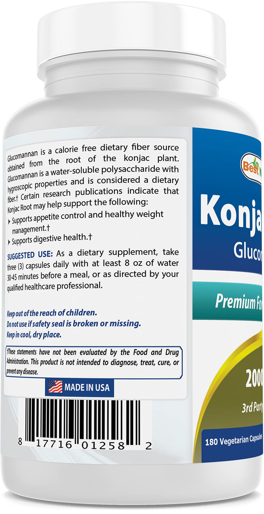 Best Naturals Konjac Root 2000mg bottle on pantry display for convenient fiber.