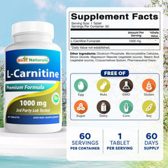 Best Naturals L-Carnitine 1000mg bottle front with 60 tablets.