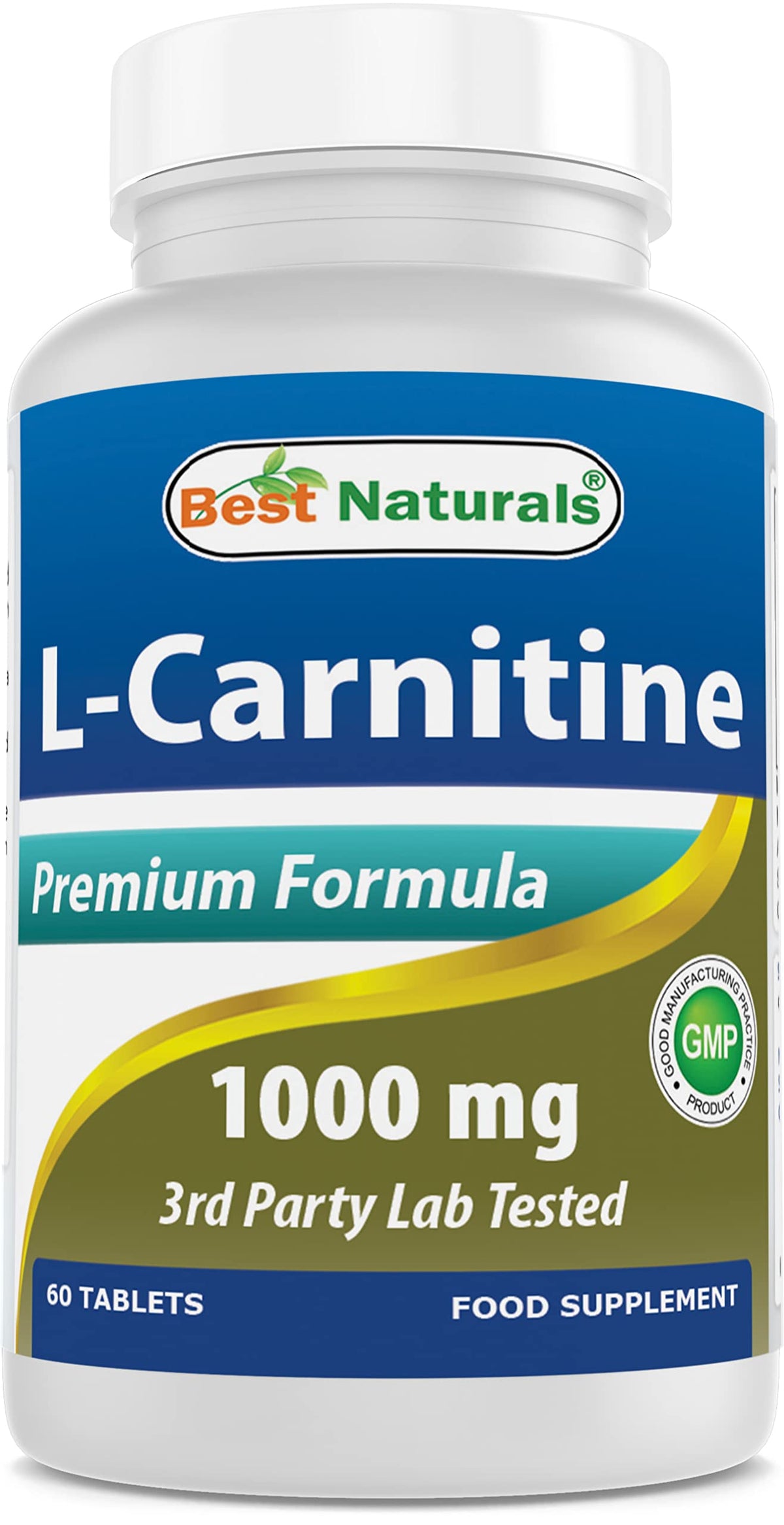 Best Naturals L-Carnitine 1000mg tablet front view, compact bottle for on-the-go use.