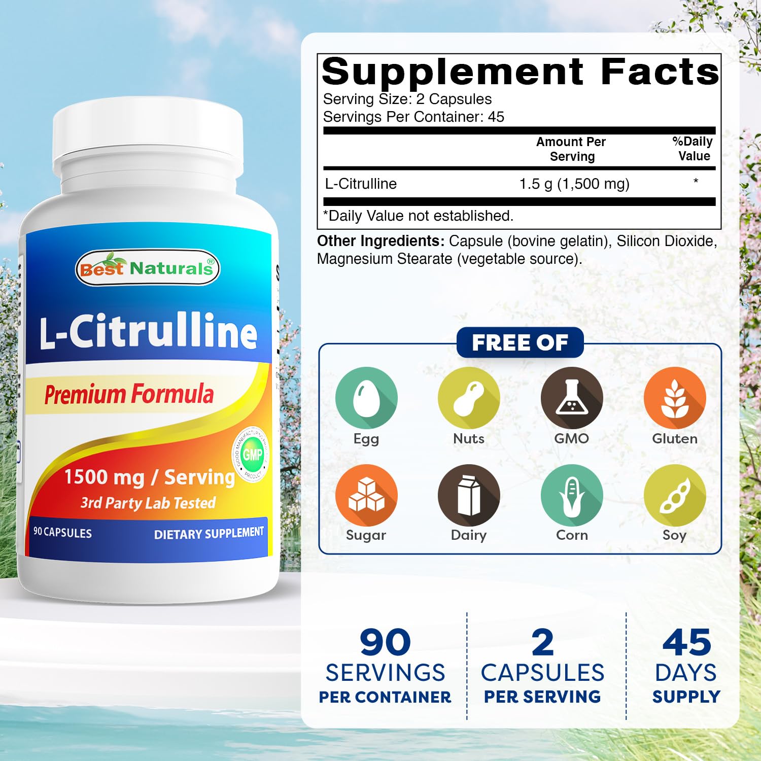 Best Naturals L-Citrulline bottle front shows gluten-free, non-GMO formula.