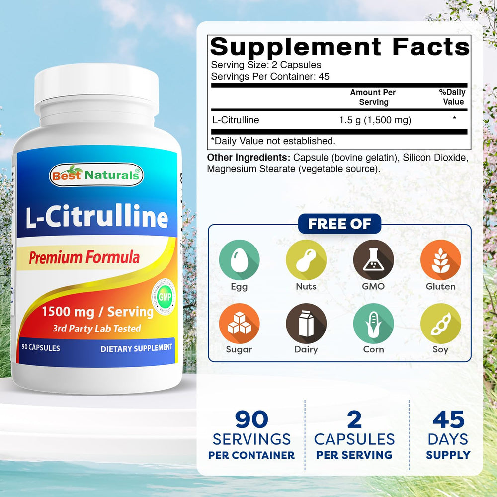 Best Naturals L-Citrulline bottle front shows gluten-free, non-GMO formula.