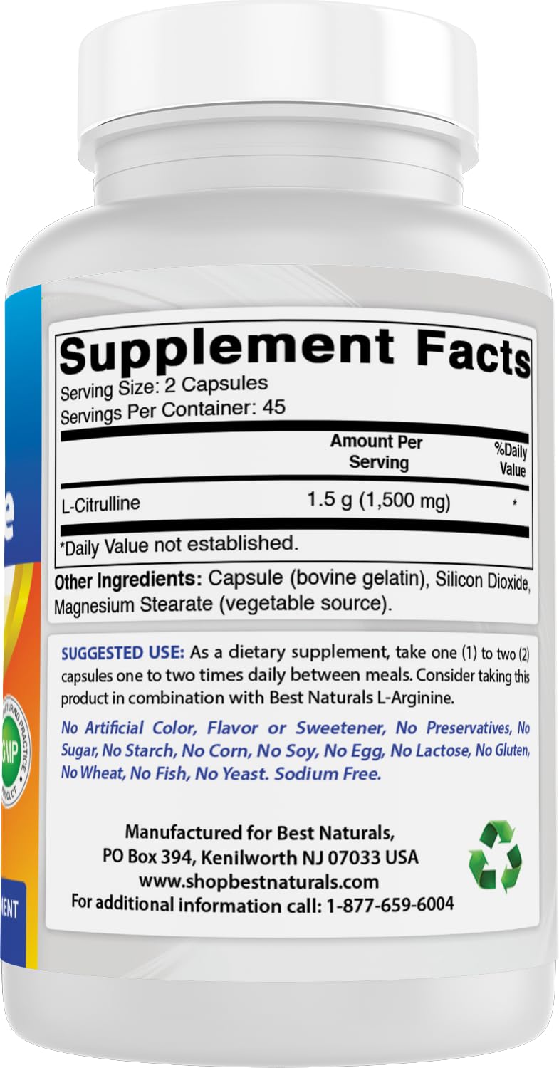 Best Naturals L-Citrulline gluten-free and non-GMO capsule formula.