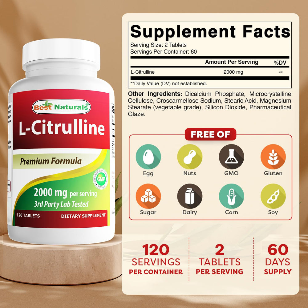 Best Naturals L-Citrulline tablets close-up highlights non-GMO formula