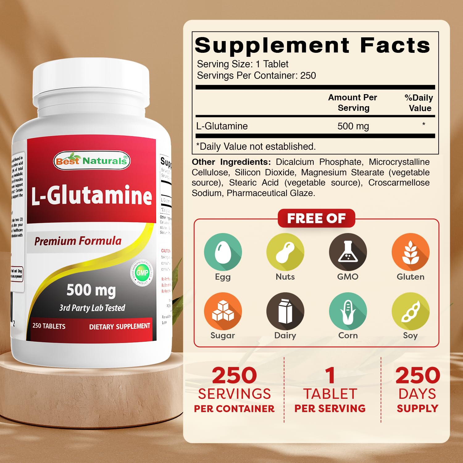 Best Naturals L-Glutamina: etiqueta clara para dosis y composición.