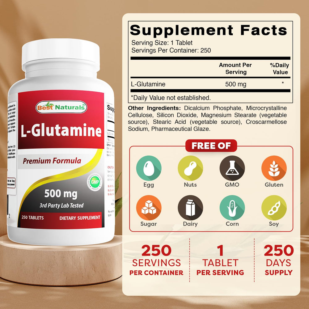 Best Naturals L-Glutamina: etiqueta clara para dosis y composición.