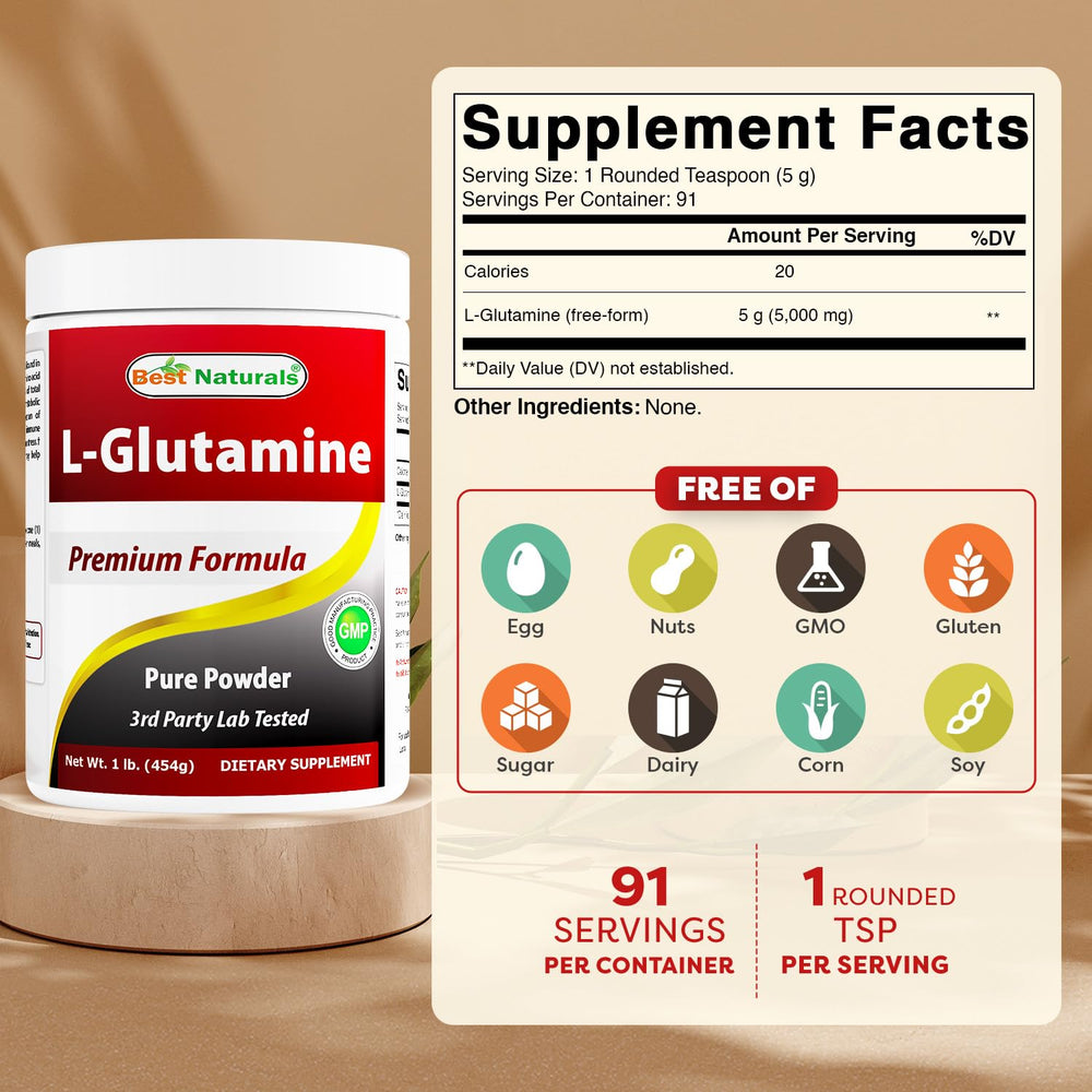 Best Naturals L-Glutamine powder bottle label in 1 lb size for convenient daily use