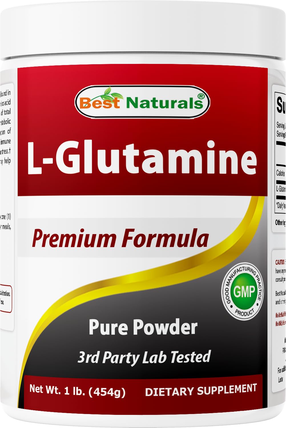 Best Naturals L-Glutamine powder jar closeup showing purity for daily recovery