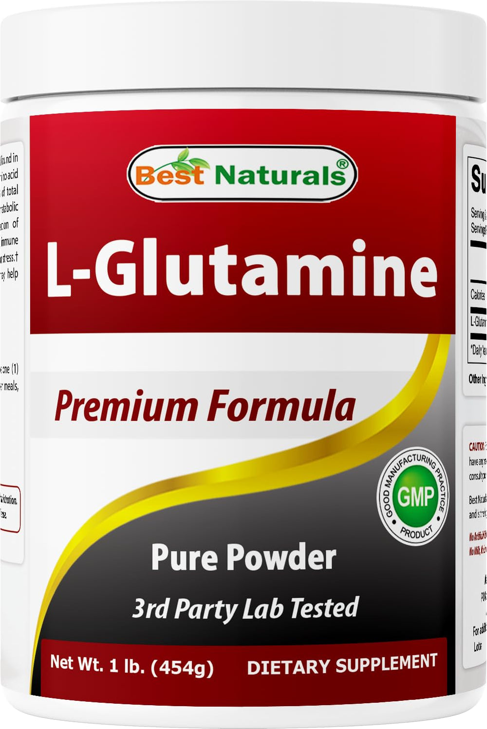 Best Naturals L-Glutamine powder jar closeup showing purity for daily recovery