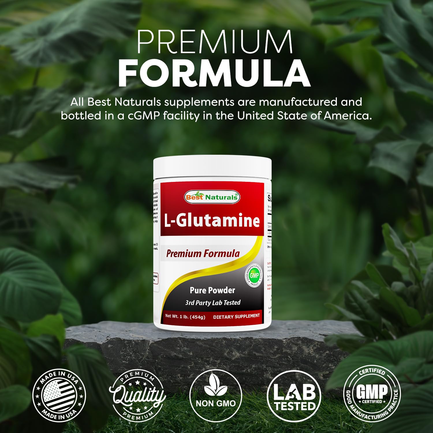 Best Naturals L-Glutamine powder poured into glass with easy mix texture