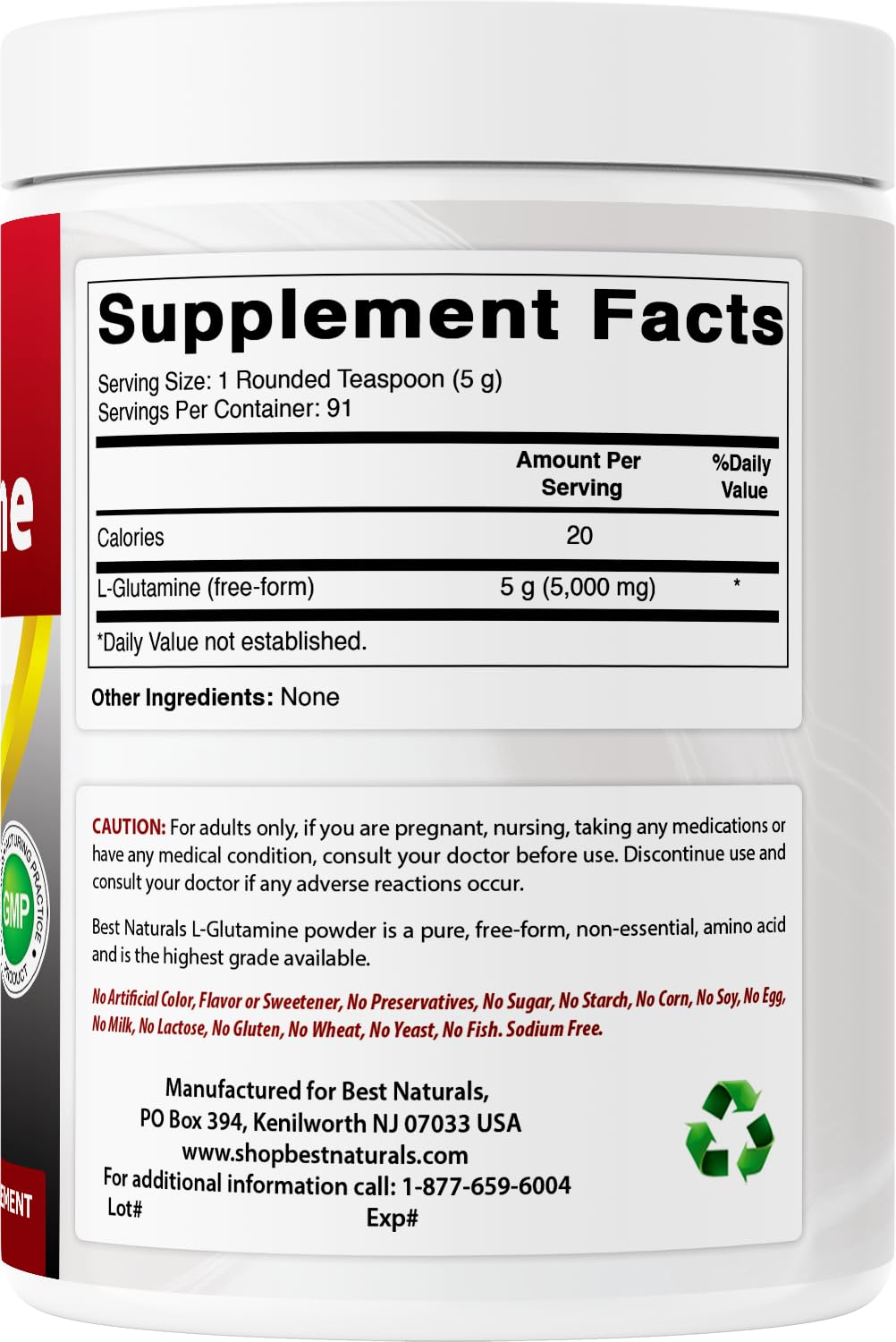 Best Naturals L-Glutamine powder beside workout gear for routine use