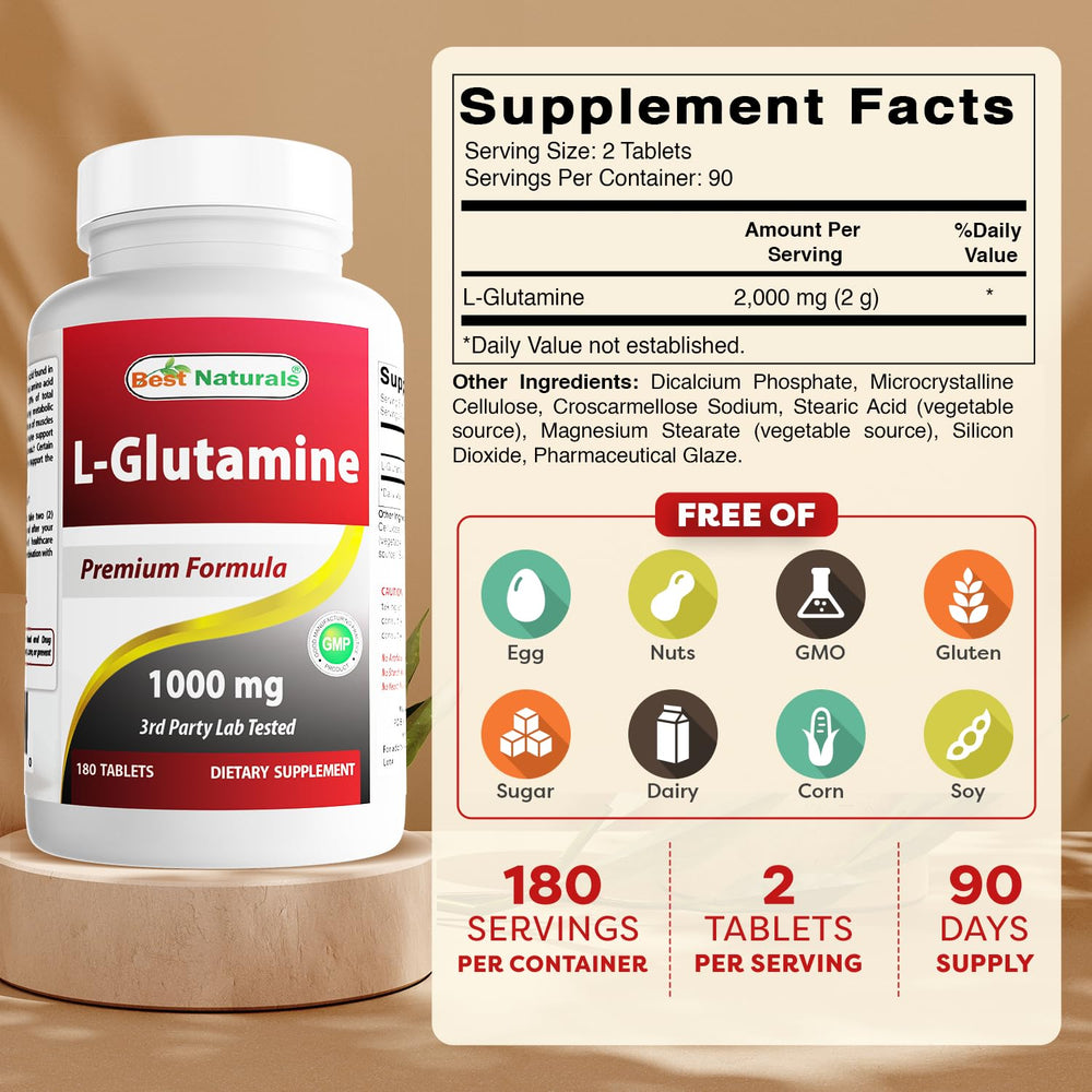 Close-up of Best Naturals L-Glutamine 1000mg tablet showing high potency.