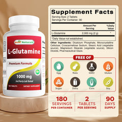 Close-up of Best Naturals L-Glutamine 1000mg tablet showing high potency.