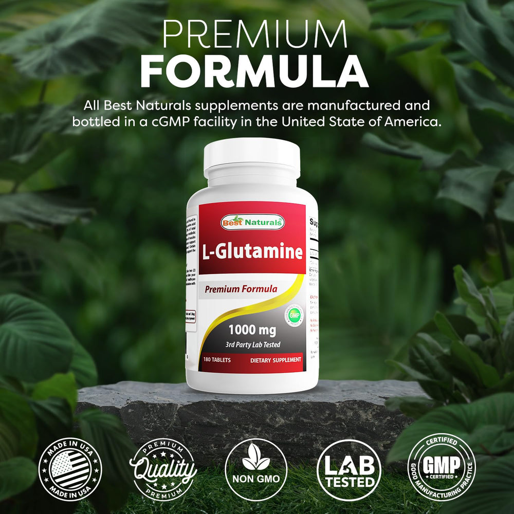 USA-made GMP facility badge shown on Best Naturals L-Glutamine packaging.