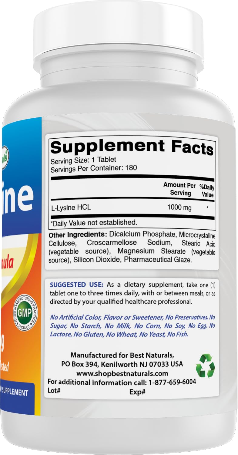 Best Naturals L-Lisina 1000 mg, sin color ni sabor artificial.