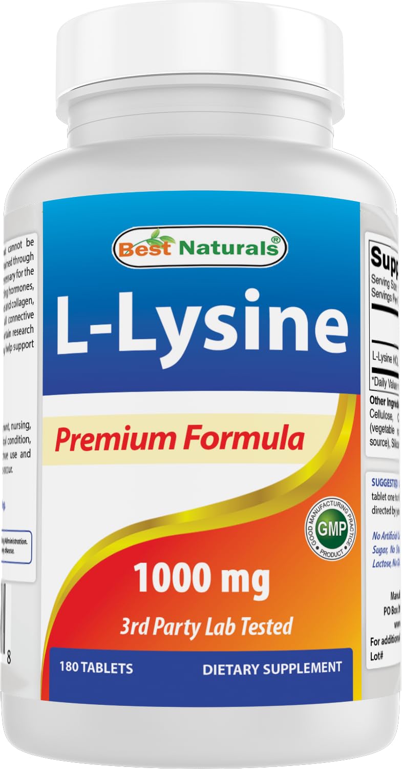 Best Naturals L-Lisina 1000 mg, frasco de tabletas, posible apoyo al sistema inmunitario.