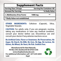 Best Naturals L-Methionine 500 mg capsules closeup shows veggie capsules.