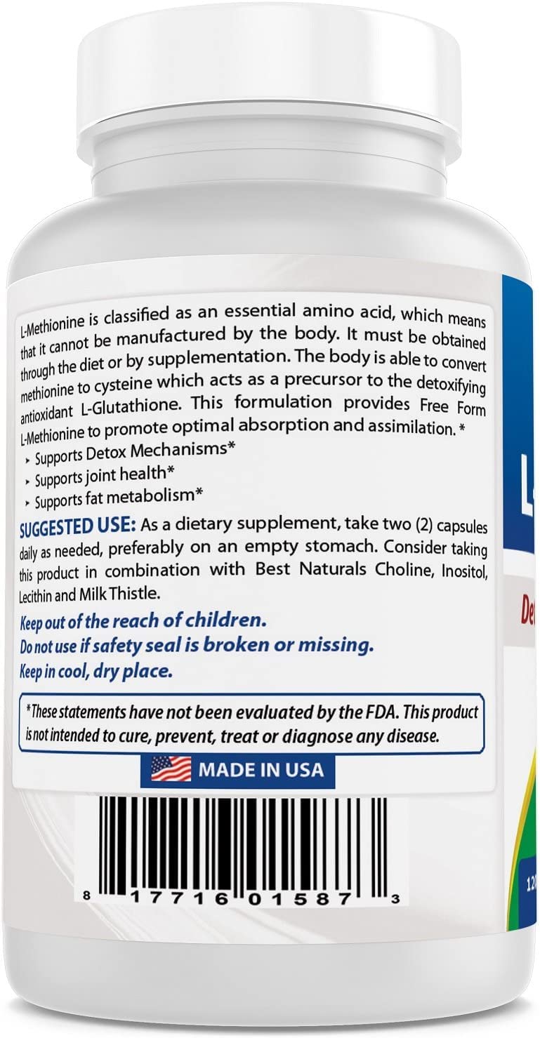 Best Naturals L-Methionine 500 mg facts highlight key details.