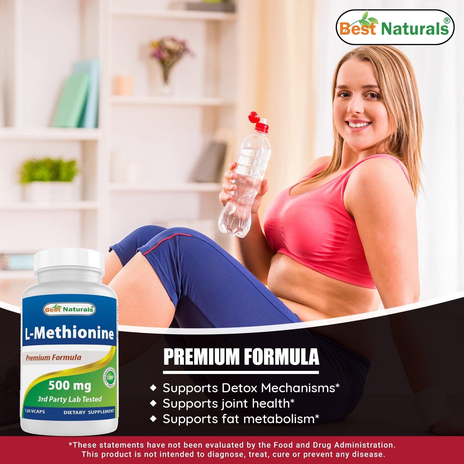 Best Naturals L-Methionine 500 mg packaging, USA-made assurance.