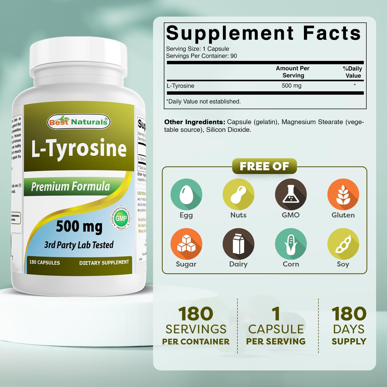 Best Naturals L-Tyrosine capsules image showing 500 mg per serving for steady energy.