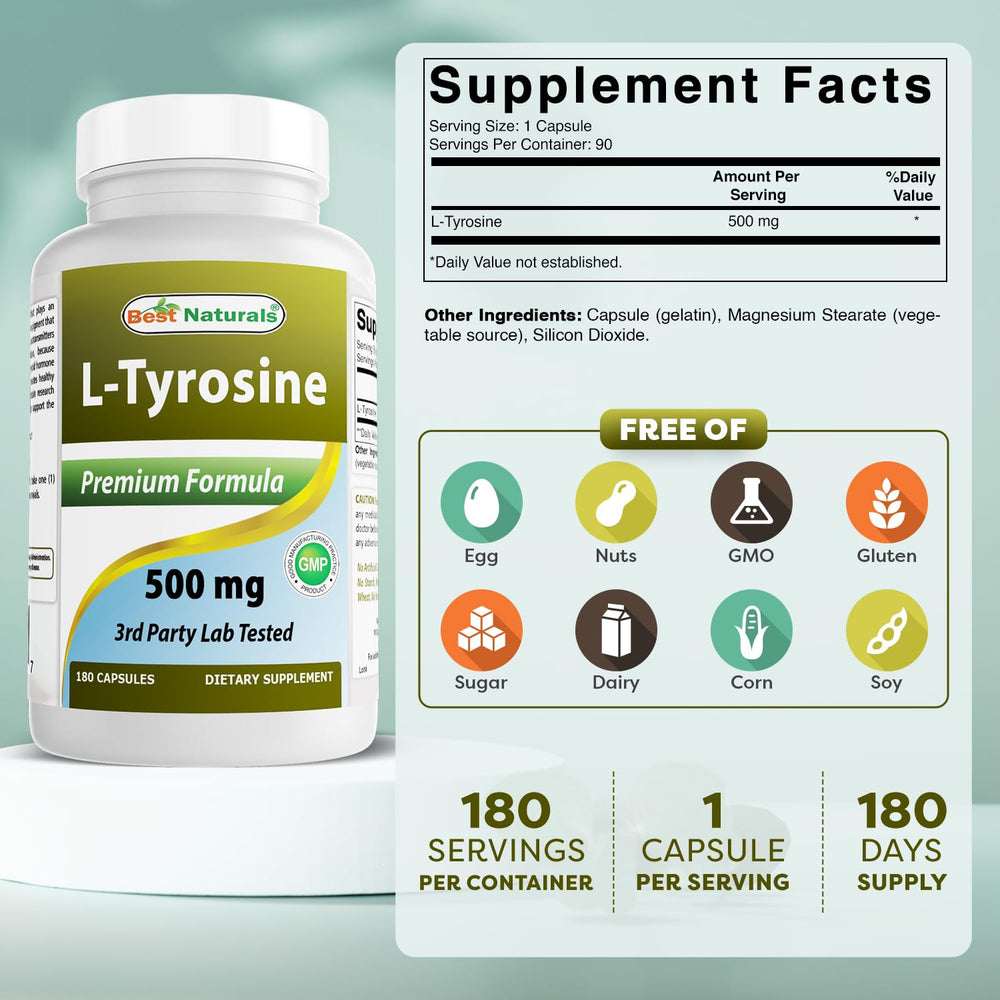 Best Naturals L-Tyrosine capsules image showing 500 mg per serving for steady energy.