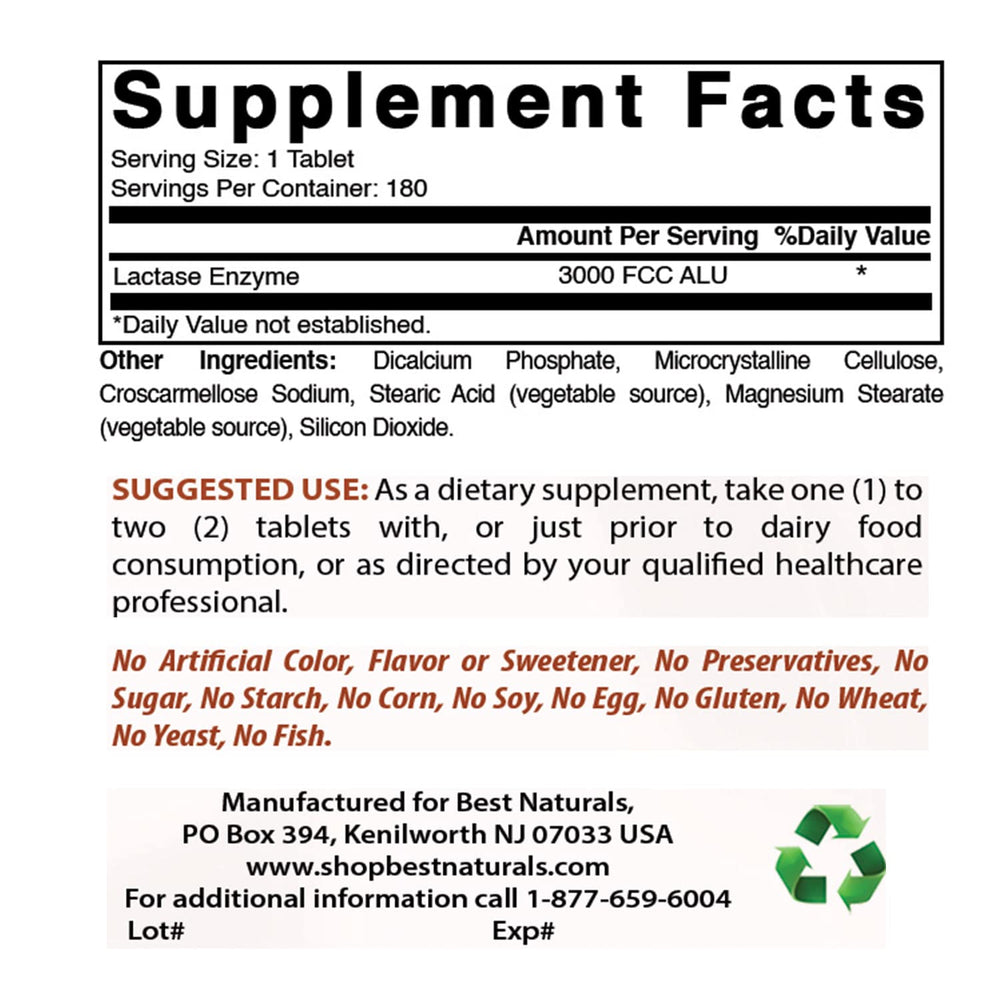 Best Naturals lactase enzyme tablets close-up showing dairy-ready capsules