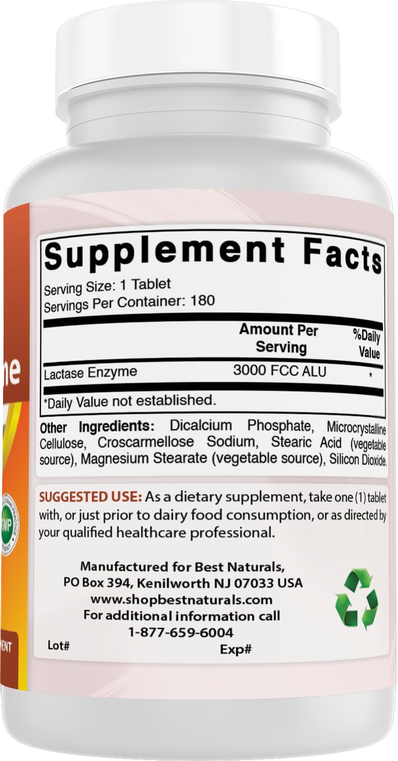 Best Naturals lactase label provides serving size and ingredients overview