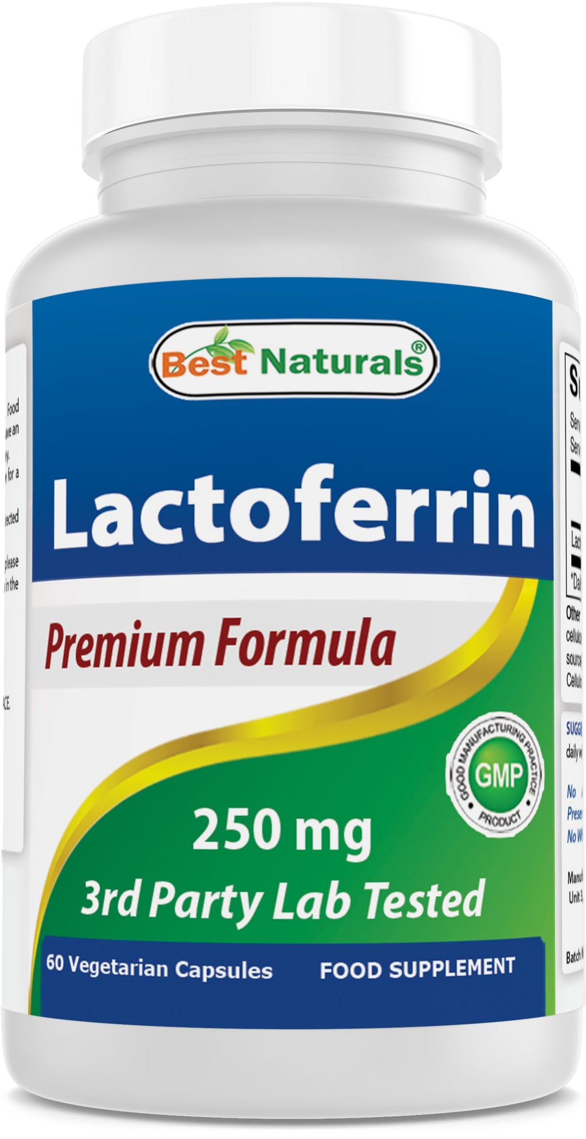 Best Naturals Lactoferrin 250 mg capsule bottle close-up showing purity and quality for reliable use.