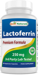 Best Naturals Lactoferrin 250 mg capsule bottle close-up showing purity and quality for reliable use.