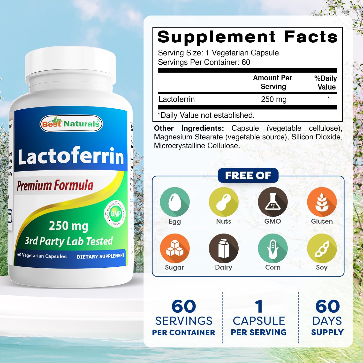 Best Naturals Lactoferrin 250 mg capsules label close-up highlighting clean, gluten-free formulation.