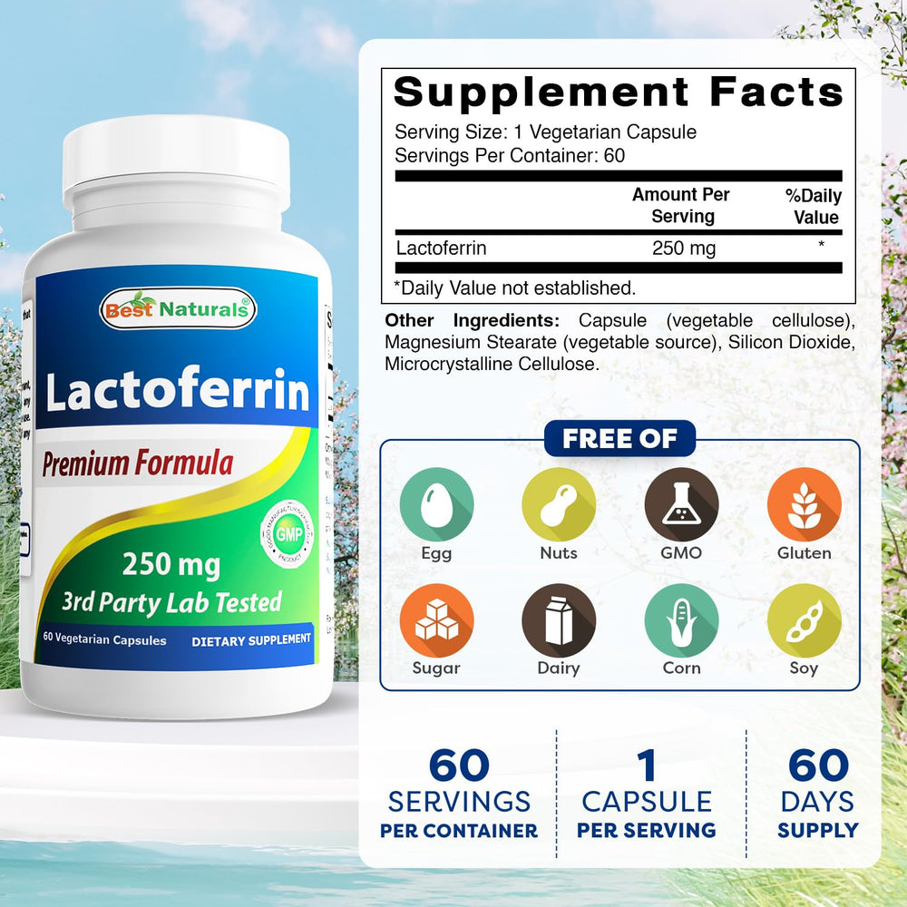 Best Naturals Lactoferrin 250 mg capsules label close-up highlighting clean, gluten-free formulation.