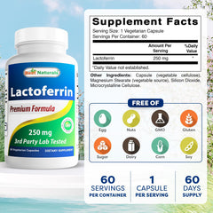 Best Naturals Lactoferrin 250 mg capsules label close-up highlighting clean, gluten-free formulation.