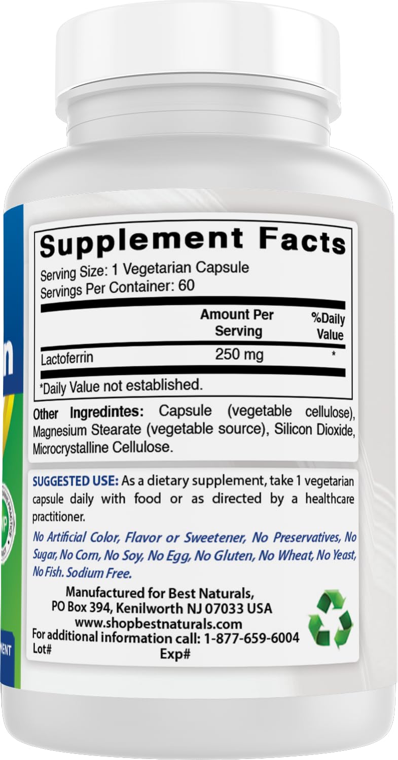 Best Naturals Lactoferrin 60-count panel highlights third-party lab testing for purity.