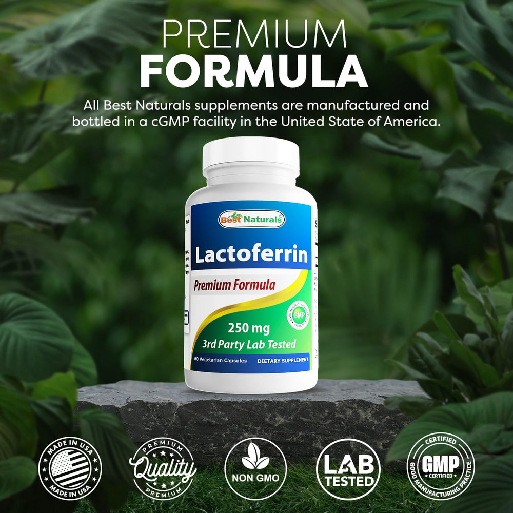 Best Naturals Lactoferrin bottle on shelf suggests premium USA-made quality.