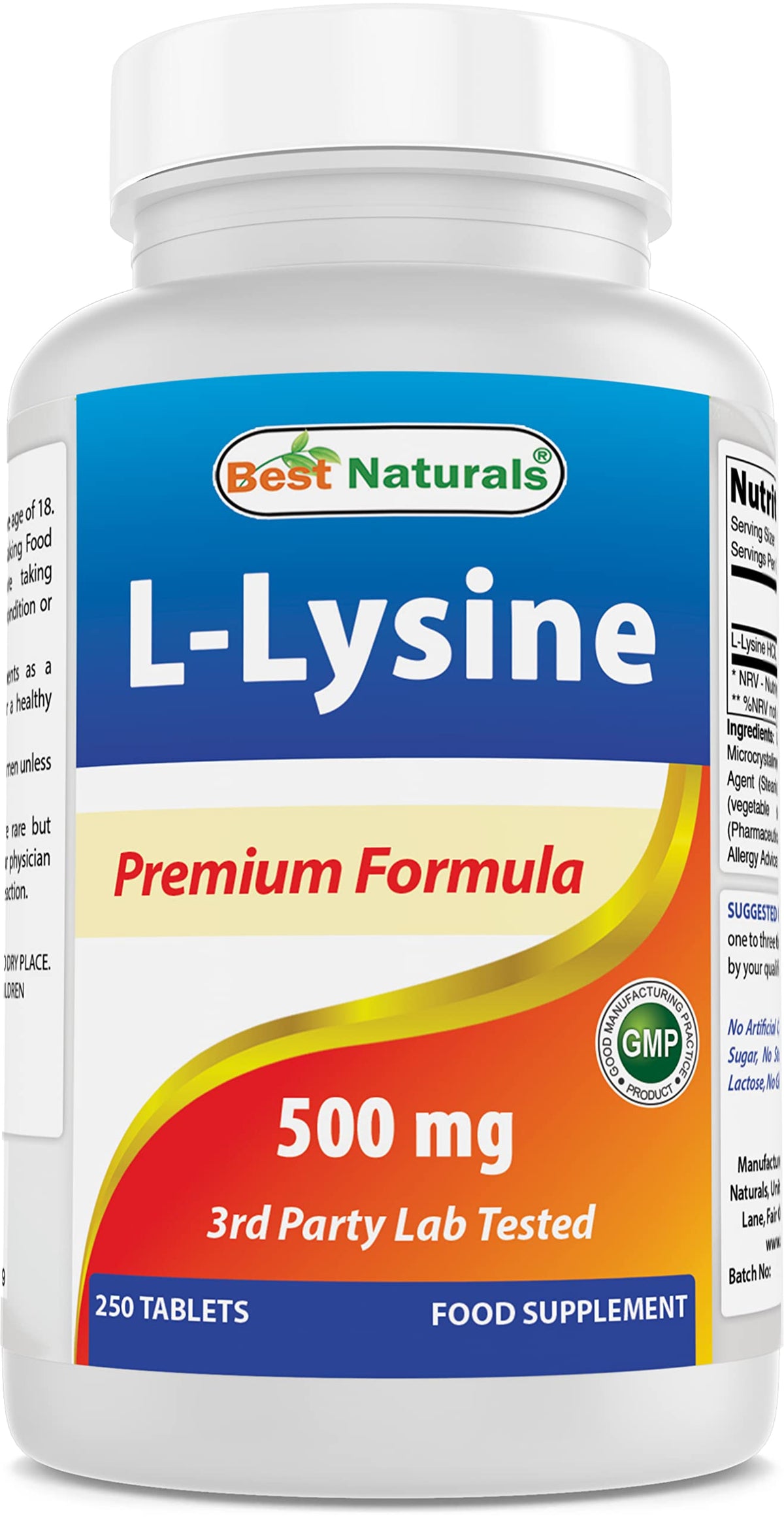 Best Naturals Lisina 500 mg, botella, ideal para uso diario de aminoácidos.