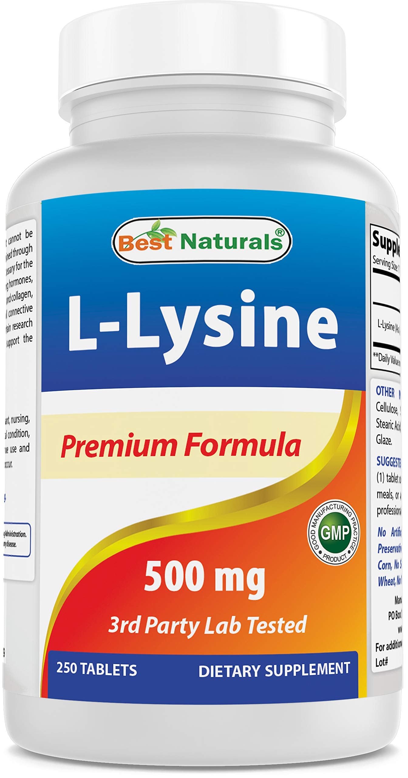 Best Naturals Lisina 500 mg, frasco abierto, fácil ver la cantidad disponible.