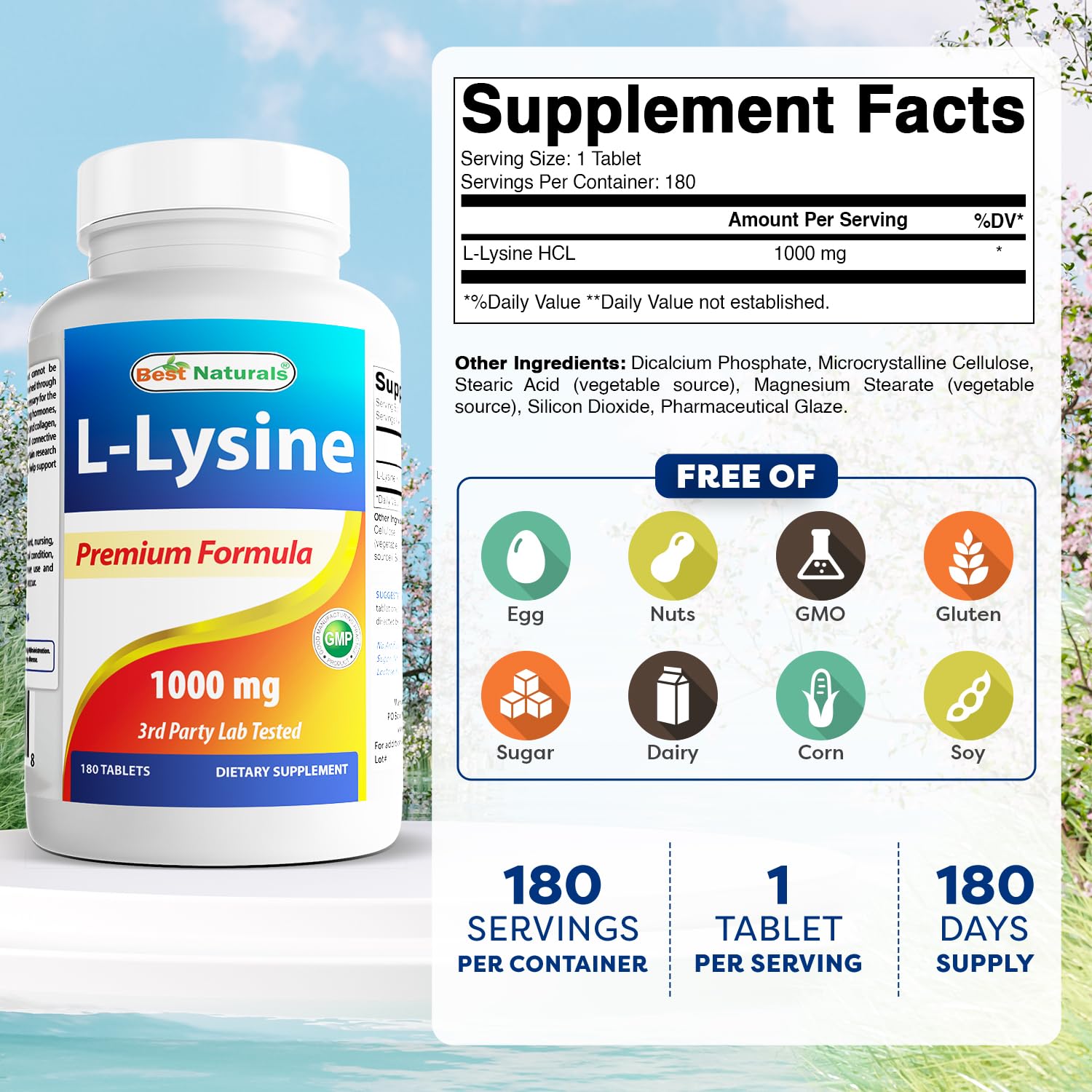 Close-up of Best Naturals L-Lysine 1000mg bottle label showing ingredients