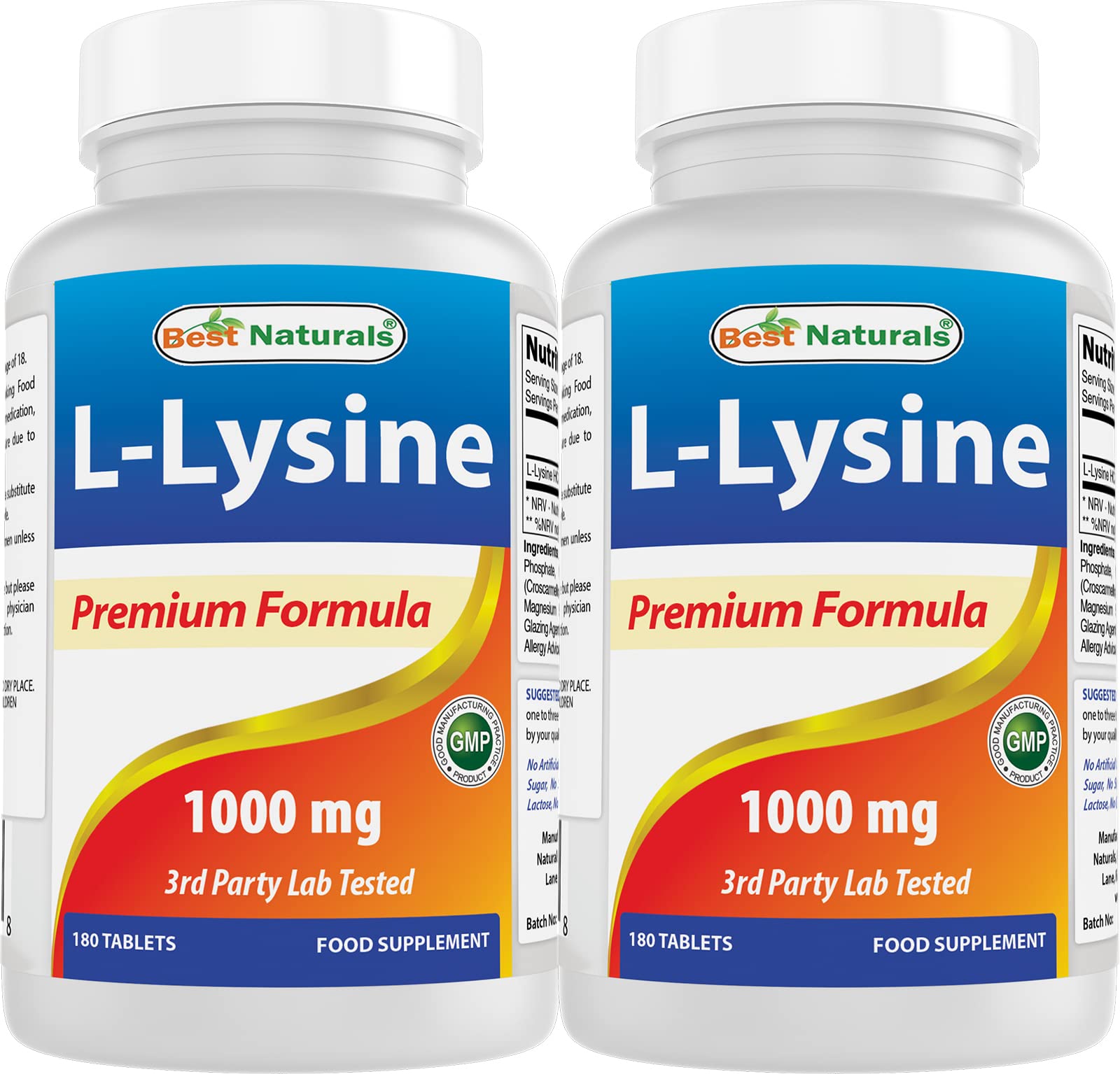 Best Naturals L-Lysine 1000mg tablets bottle close-up for daily use.