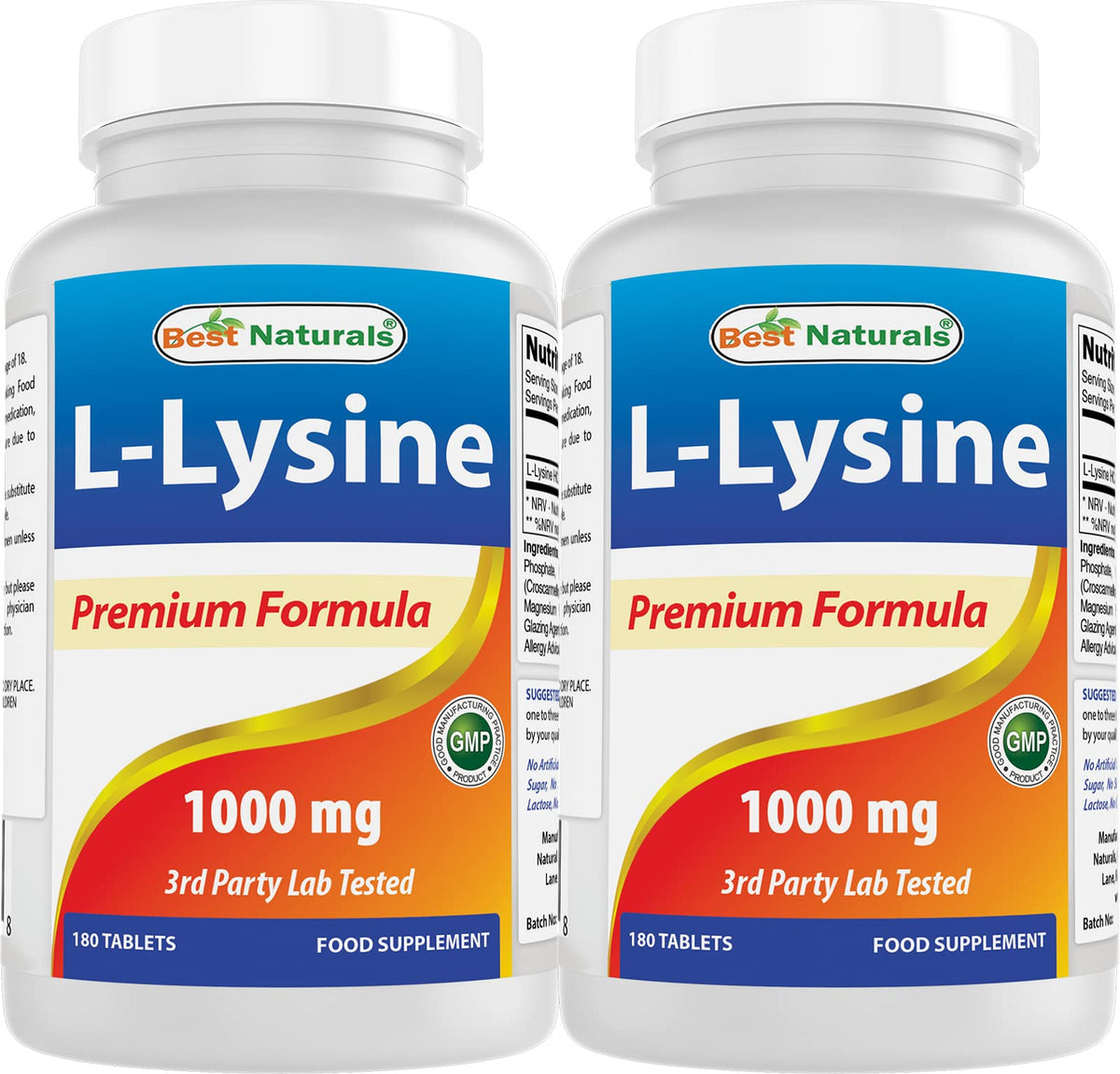 Best Naturals L-Lysine 1000mg tablets bottle close-up for daily use.