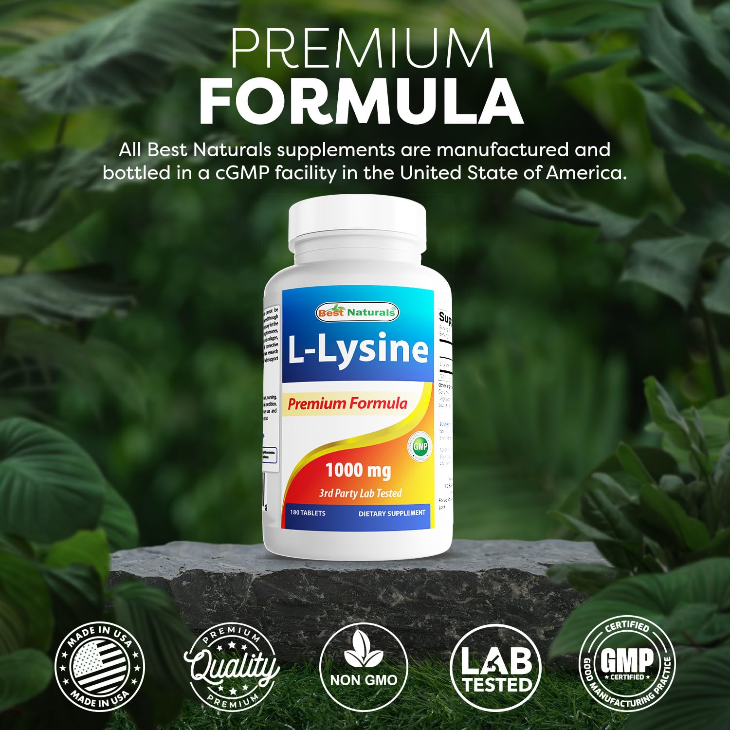 Gluten-free and non-GMO badges on Best Naturals L-Lysine packaging