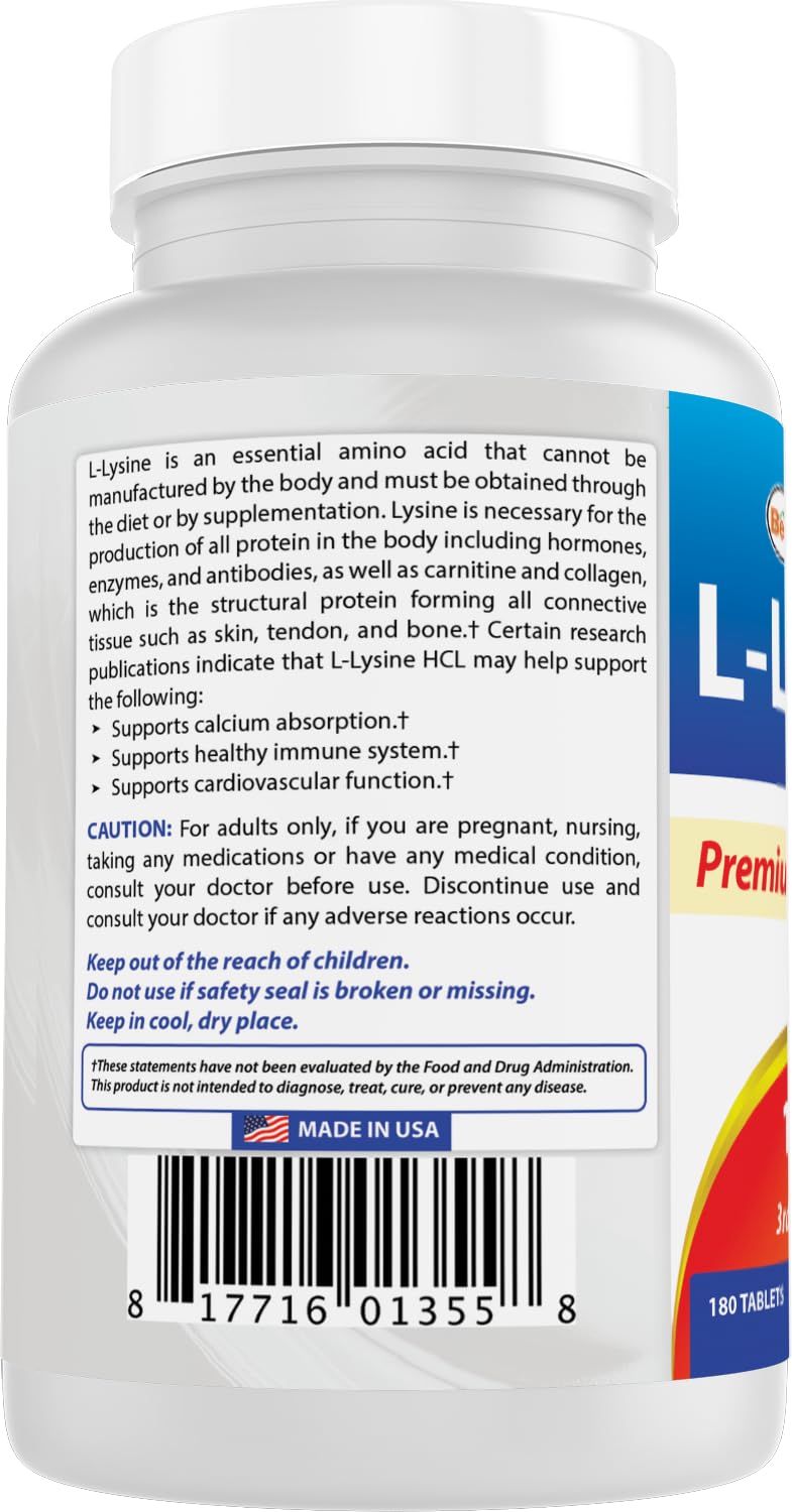 Supplement facts panel for Best Naturals L-Lysine 1000mg