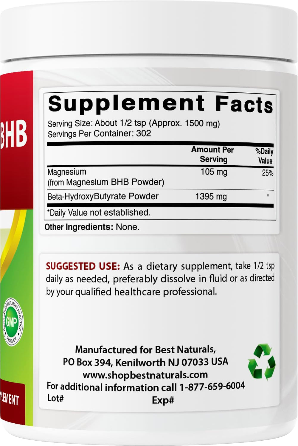 Best Naturals Magnesium BHB Powder made in the USA in GMP facility.