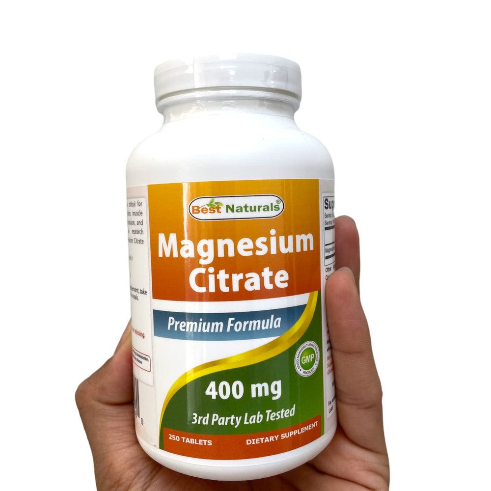 Best Naturals Magnesium Citrate bottle label close-up; highlights 400 mg per serving.
