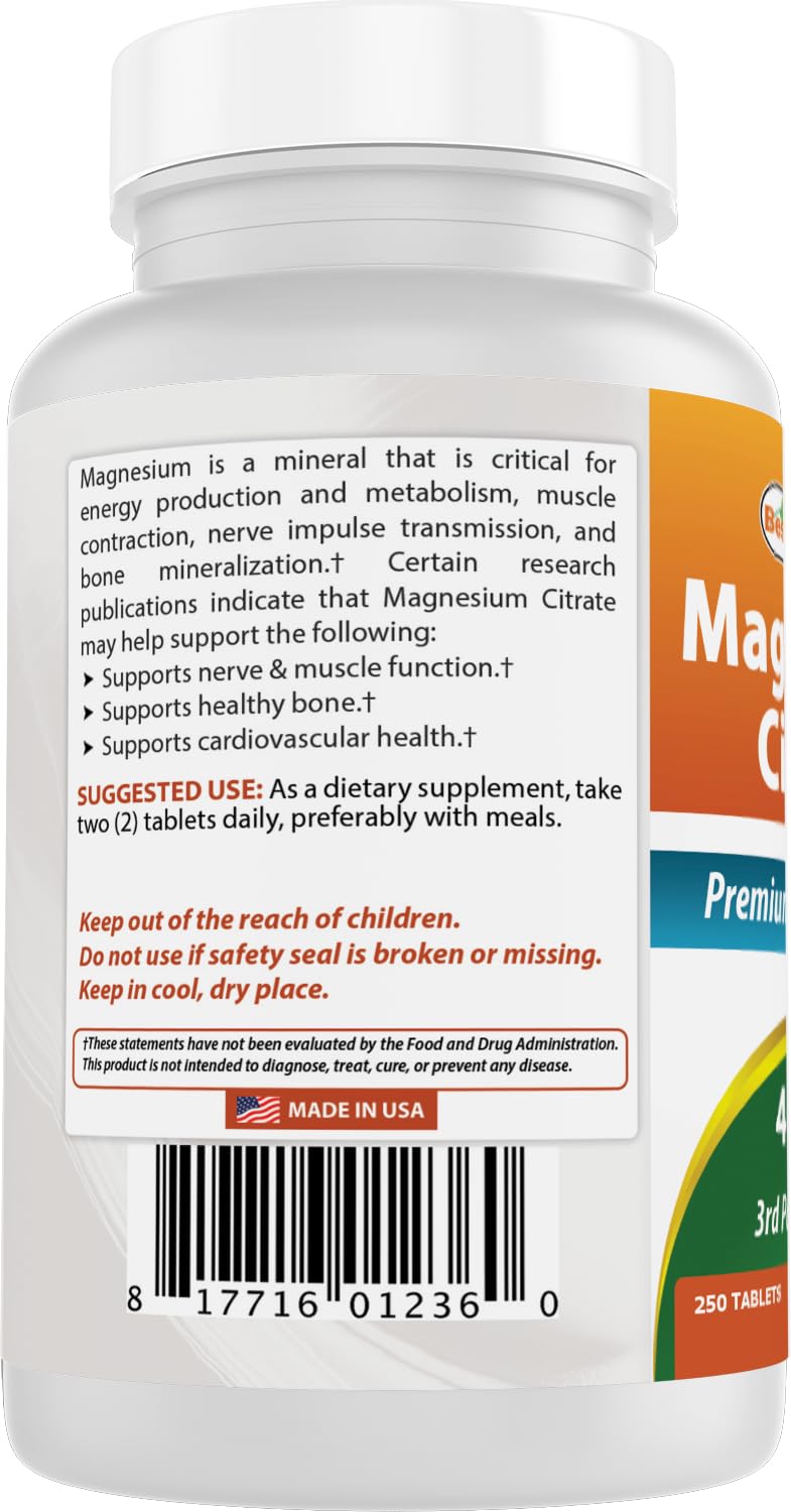 Best Naturals Magnesium Citrate tablets aligned; shows serving size.