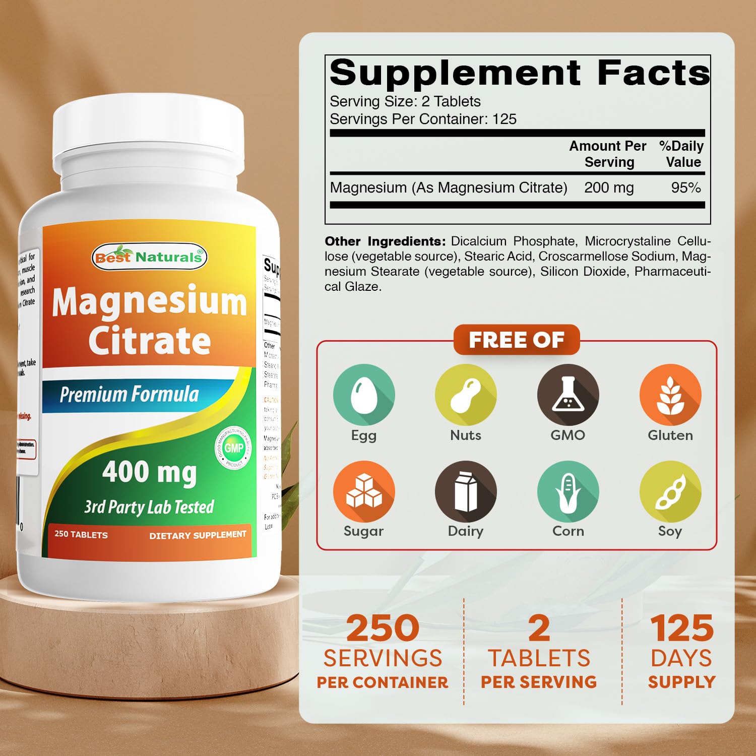 Best Naturals Magnesium Citrate tablets closeup; easy two-tablet serving.