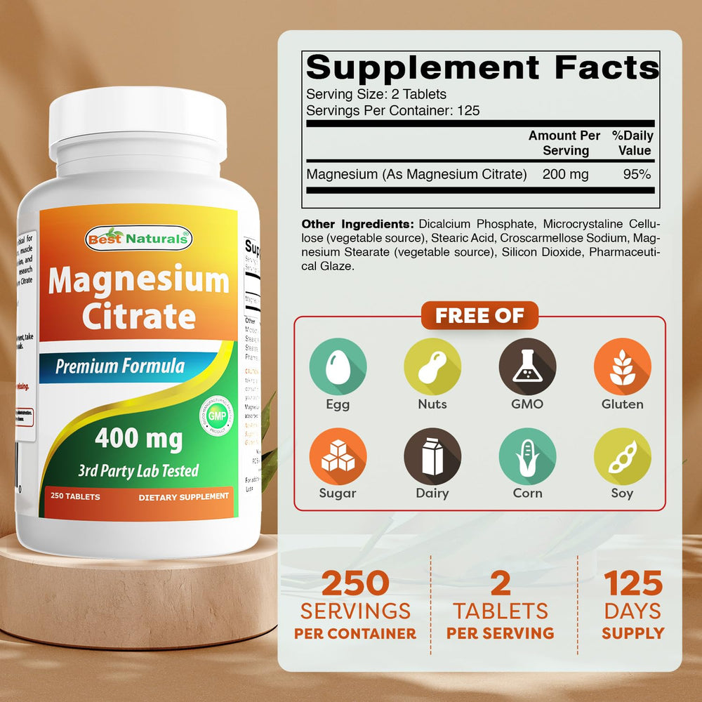 Best Naturals Magnesium Citrate tablets closeup; easy two-tablet serving.