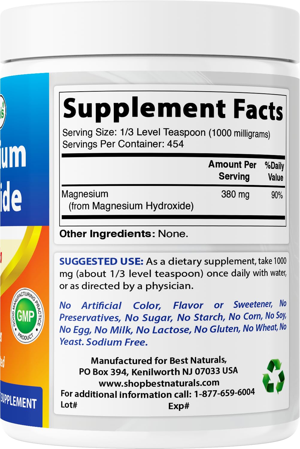 Best Naturals magnesium hydroxide powder tub with spoon conveys convenient daily routine.