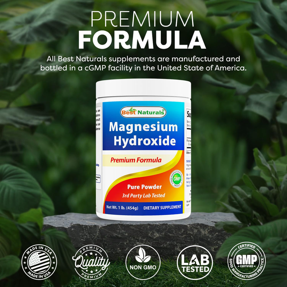 Best Naturals magnesium hydroxide powder nutrition facts panel showing 380 mg per serving.